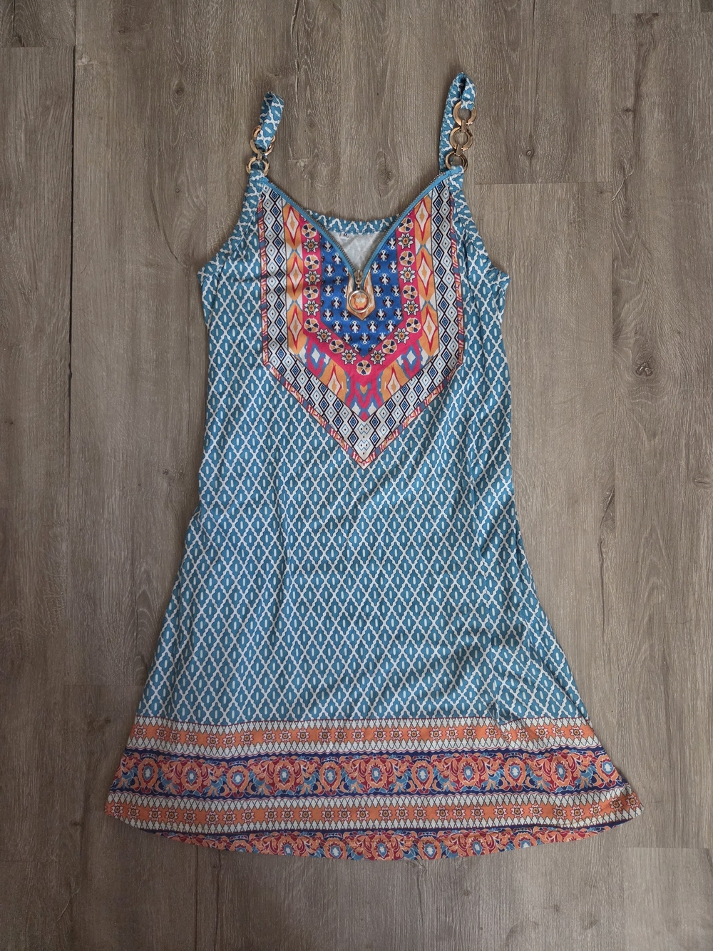 Teal Patterned Mini Dress with Embroidered Front Panel